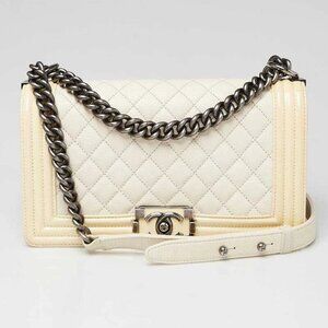 Chanel White/Beige Quilted Chevre and Patent Leather Medium Boy Bag